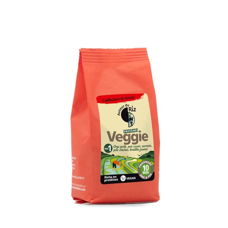 Mélange protéiné mix Veggie 1 (orge perlé, boulgour de pois cassés, boulgour de pois chiche, lentilles jaunes, sarrasin), Autour du Riz, 220 g