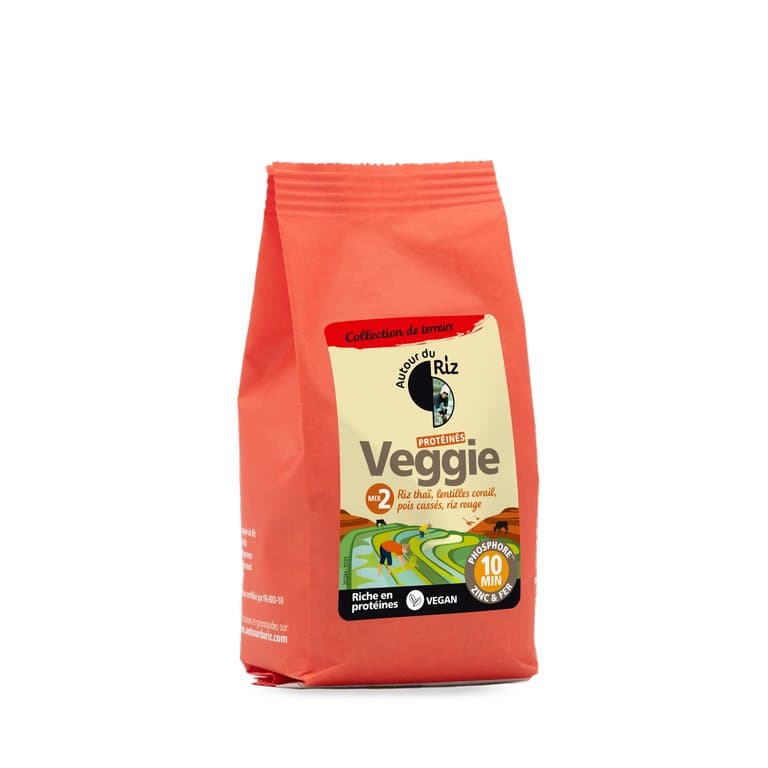 Mélange protéiné mix Veggie 2 (riz thaï complet, lentilles corail, boulgour de pois cassés, riz rouge complet), Autour du Riz, 220 g