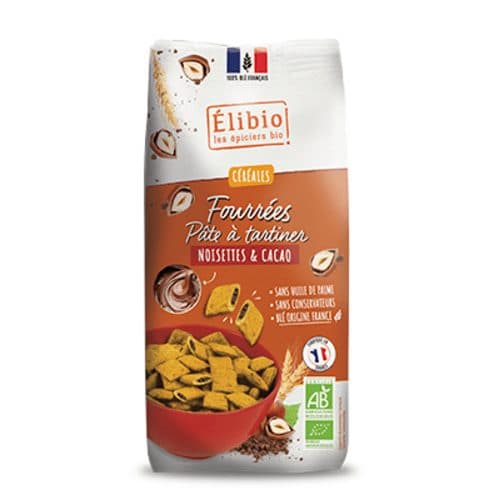 Céréales Chocolat Fourres À La Pâte À Tartiner Noisette Et Cacao, Elibio, 375 g*