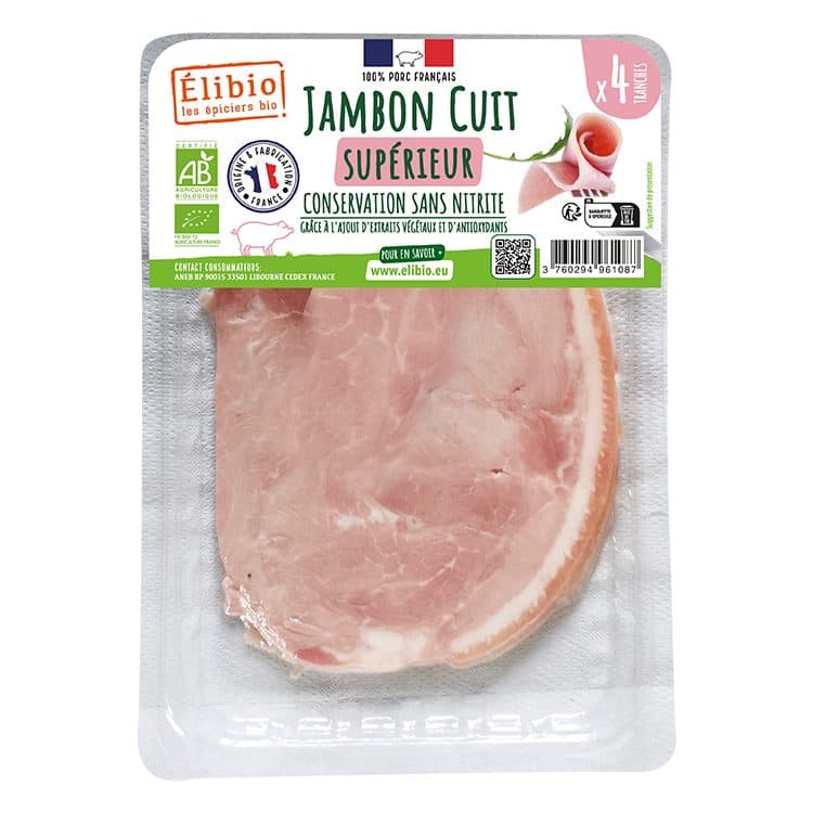 Jambon Supérieur Avec Couenne, Sans Nitrite, X4, Elibio, 160 g