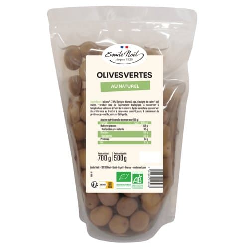 Olives vertes au naturel bio, Emile Noël, 500 g*