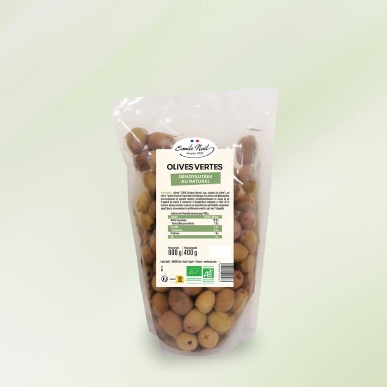 Olives vertes dénoyautées au naturel bio, Emile Noël, 400 g*