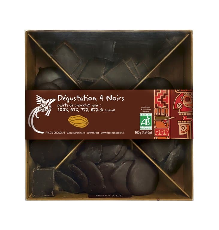 Degustation 4 dunkle Schokoladen (100 %, 87 %, 77 %, 67 % Kakao), Façon Chocolat, 160 g