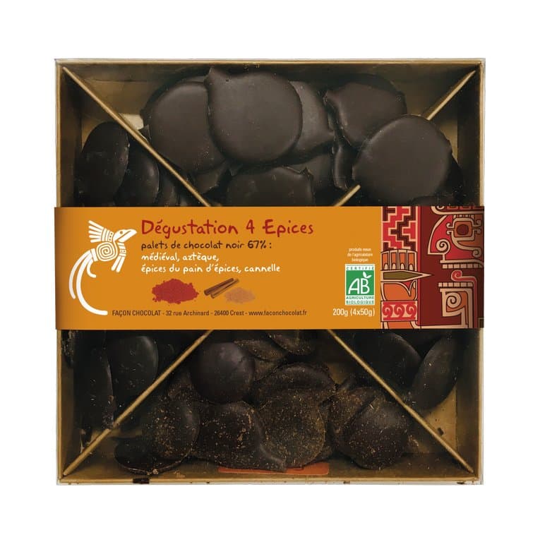 Dégust. 4 epices — (médiéval, aztèque, pain d'épices, cannelle), Façon Chocolat, 200 g