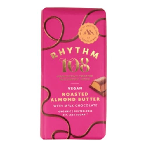 Barre suisse vegan au beurre d'amande grillée avec chocolat m'lk, Rhythm 108, 100 g