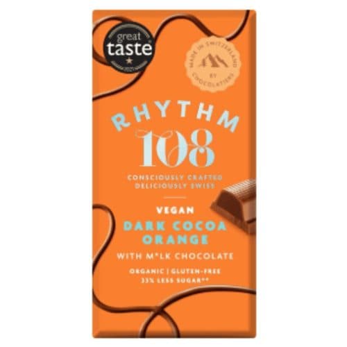 Barre Suisse Vegan Au Cacao Noir Et À L'orange Avec Chocolat M'lk, Rhythm 108, 100 g