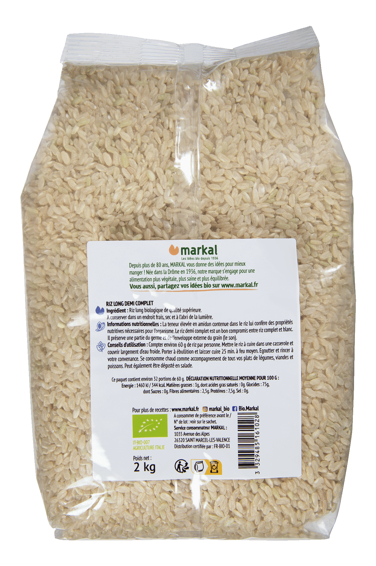 Riz Long Demi-Complet, Markal, 2 kg