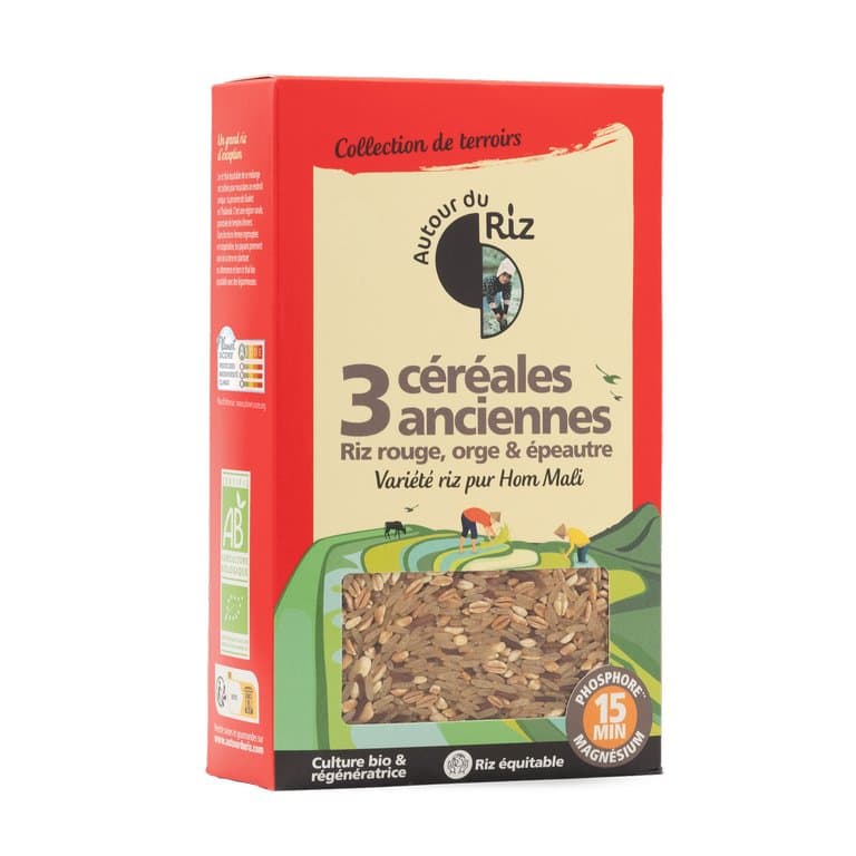 Mélange 3 céréales anciennes (riz, riz rouge, épeautre, orge) cuisson 15' format familial, Autour du Riz, 1 kg