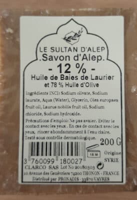 Savon D’alep Traditionnel 12% D’huile De Baies De Laurier Et 78% D’huile D’olive, Le Sultan D’alep, 200 g*
