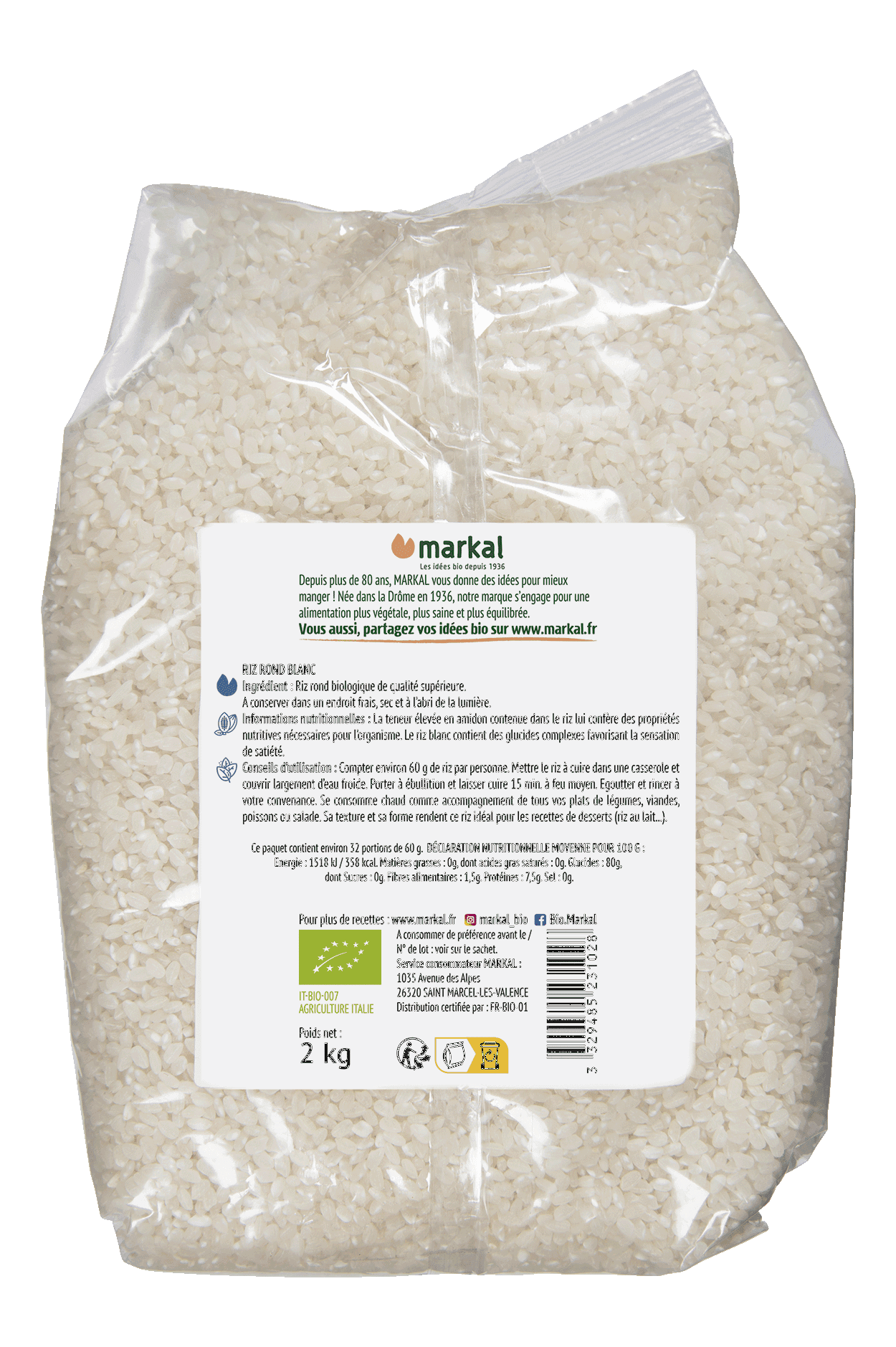 Riz Rond Blanc, Markal, 2 kg